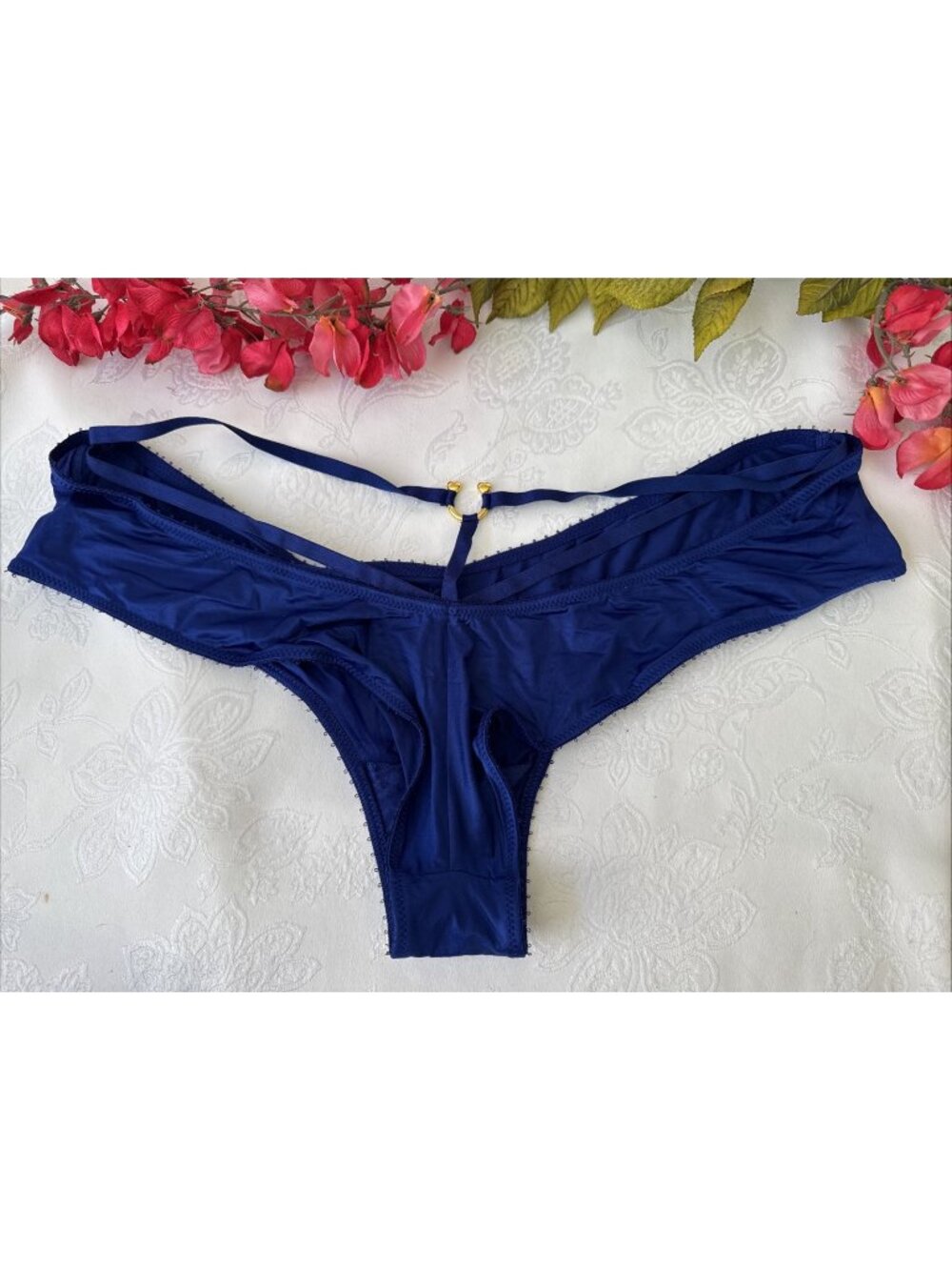 VICTORIA'S SECRET S BLUE GOLD CHARM VERY SEXY SILKY CHEEKY LOW RISE PANTIES NWT